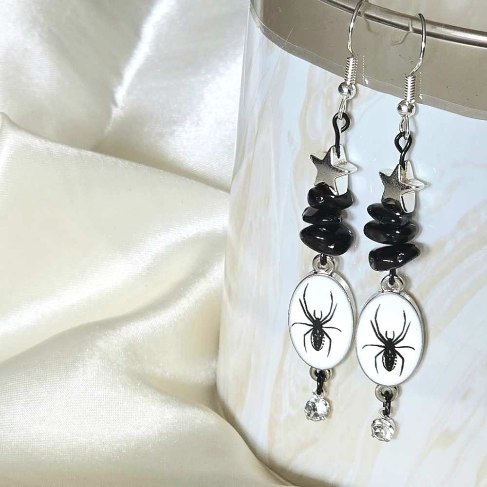 spider protection earrings // black jasper + star charm // handmade jewelry